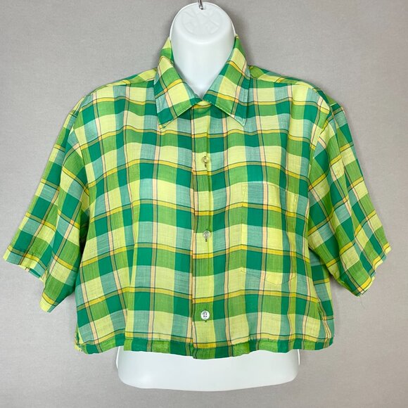 Vintage Tops - Vintage Plaid Shirt DIY Crop Green Yellow FLAWS Lightweight Button-Up Crop Top